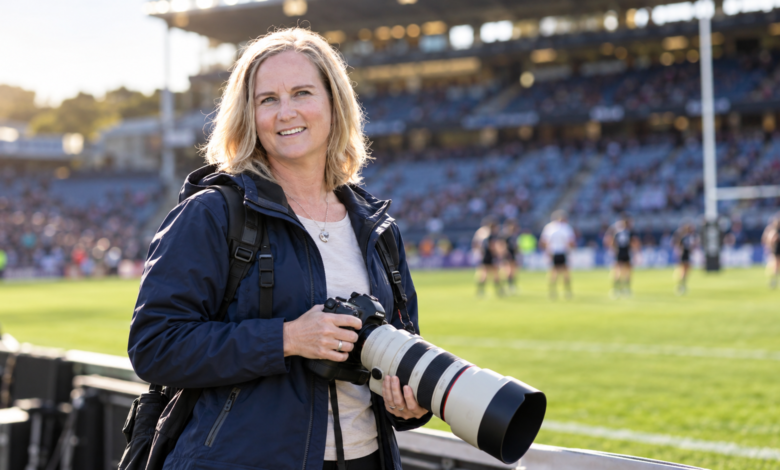 Fiona Goodall holding a professional camera at a rugby stadium in New Zealand