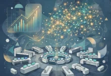 Stylized illustration of a rising revenue chart and a glowing artificial intelligence network above a stock exchange floor, representing Anthropic's IPO filing