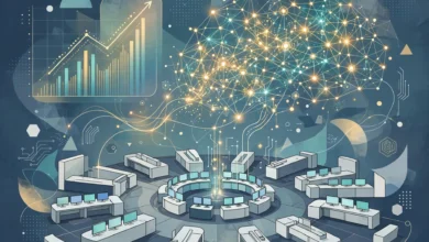Stylized illustration of a rising revenue chart and a glowing artificial intelligence network above a stock exchange floor, representing Anthropic's IPO filing