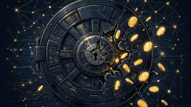 Illustration of a cracked digital vault with gold coins escaping through the breach