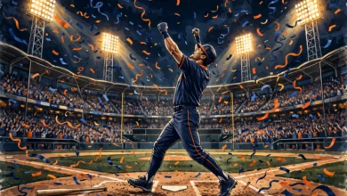 Stylized illustration of a baseball stadium at night with a batter celebrating a big inning, representing the Milwaukee Brewers' World Series Game 3 win over the Tampa Bay Rays.