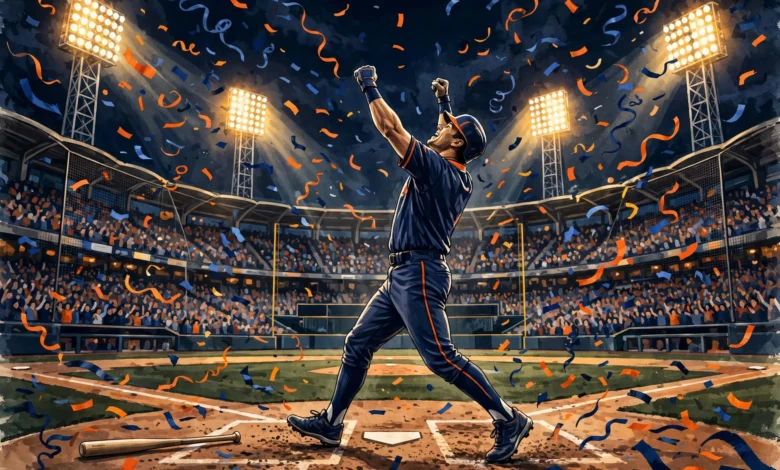 Stylized illustration of a baseball stadium at night with a batter celebrating a big inning, representing the Milwaukee Brewers' World Series Game 3 win over the Tampa Bay Rays.