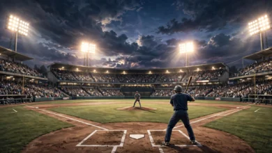 A batter at home plate facing a pitcher under bright stadium lights in a packed ballpark at night, ahead of World Series Game 4.