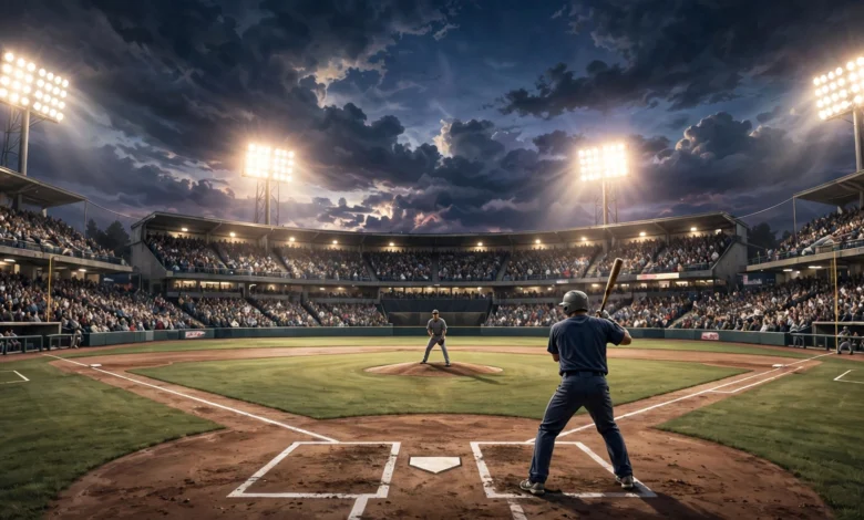 A batter at home plate facing a pitcher under bright stadium lights in a packed ballpark at night, ahead of World Series Game 4.