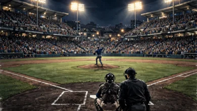 A baseball pitcher standing on the mound under bright stadium lights ahead of World Series Game 5
