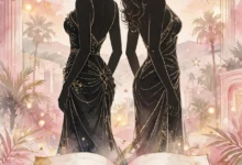 Stylized illustration of two glamorous women standing back to back above an open book, representing Kim Kardashian and Paris Hilton and the Citizen Kim biography