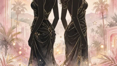 Stylized illustration of two glamorous women standing back to back above an open book, representing Kim Kardashian and Paris Hilton and the Citizen Kim biography