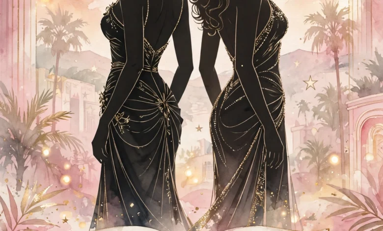 Stylized illustration of two glamorous women standing back to back above an open book, representing Kim Kardashian and Paris Hilton and the Citizen Kim biography
