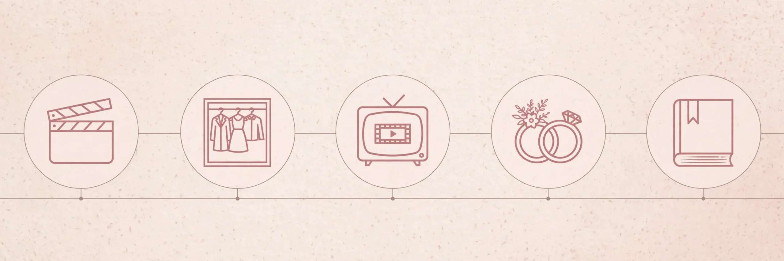 Minimal timeline graphic with icons for reality television, fashion, a television show, a wedding, and a book, illustrating the Kim Kardashian and Paris Hilton friendship timeline