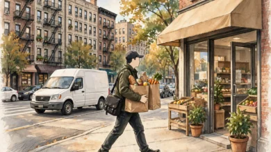 A courier carrying paper grocery bags past a neighbourhood grocery store, with a delivery van on the street behind.