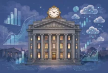 Illustration of a central bank building at dusk with charts and cloud symbols representing a Federal Reserve decision day and big technology earnings.