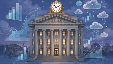 Illustration of a central bank building at dusk with charts and cloud symbols representing a Federal Reserve decision day and big technology earnings.