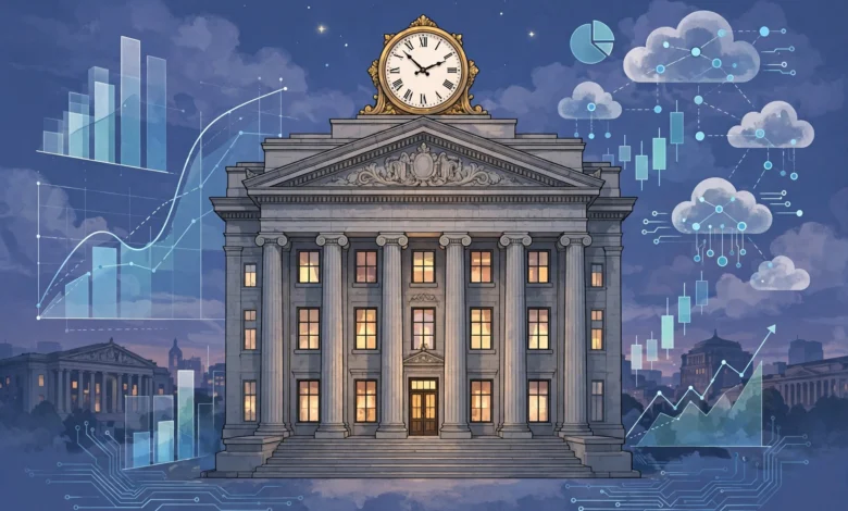 Illustration of a central bank building at dusk with charts and cloud symbols representing a Federal Reserve decision day and big technology earnings.