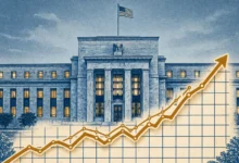Federal Reserve building in Washington with a rising chart in the foreground