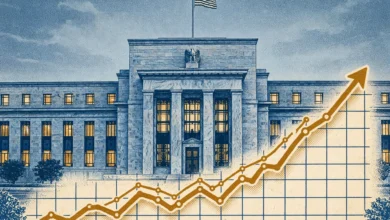 Federal Reserve building in Washington with a rising chart in the foreground