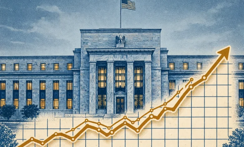 Federal Reserve building in Washington with a rising chart in the foreground