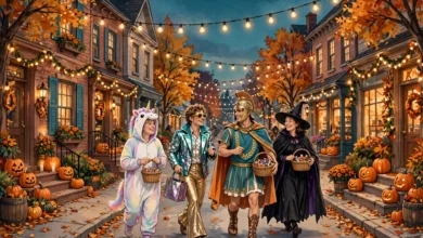 People in festive Halloween costumes walking down a pumpkin-lined street decorated with autumn lights at dusk.