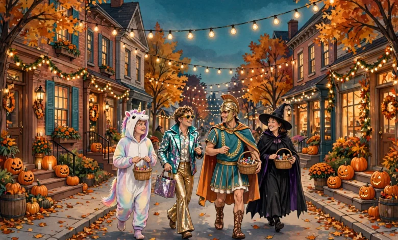 People in festive Halloween costumes walking down a pumpkin-lined street decorated with autumn lights at dusk.