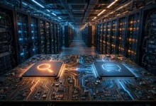 Stylized illustration of computer chips and a glowing artificial intelligence network linking OpenAI and Google