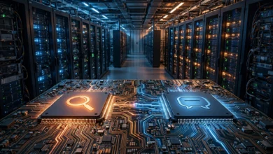 Stylized illustration of computer chips and a glowing artificial intelligence network linking OpenAI and Google