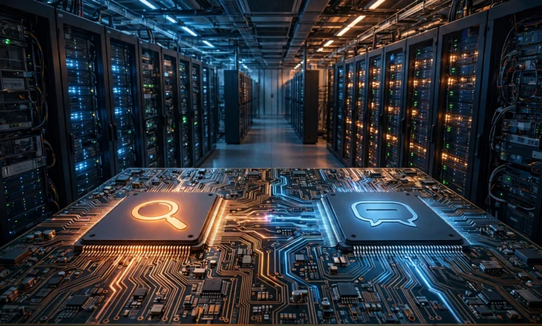 Stylized illustration of computer chips and a glowing artificial intelligence network linking OpenAI and Google