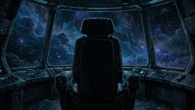An empty captain's chair on a starship bridge silhouetted against a starfield