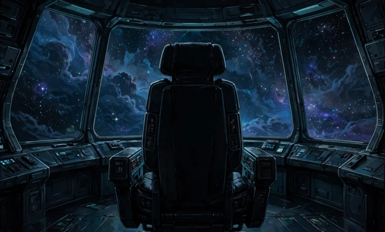 An empty captain's chair on a starship bridge silhouetted against a starfield