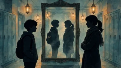 AI illustration of a teenage boy and his mother as silhouettes facing each other across a large mirror in a high-school hallway, evoking Hulu's Phony premise