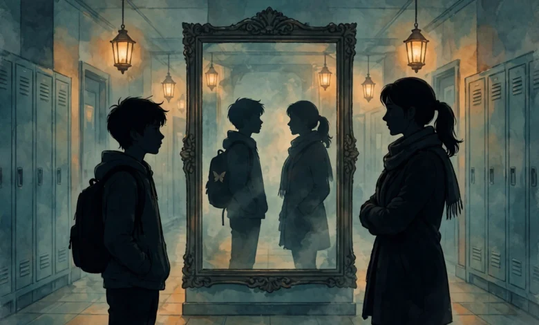 AI illustration of a teenage boy and his mother as silhouettes facing each other across a large mirror in a high-school hallway, evoking Hulu's Phony premise