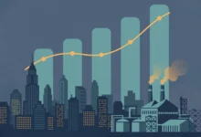 Rising bar chart over a city skyline and factory, illustrating US economic growth.