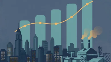 Rising bar chart over a city skyline and factory, illustrating US economic growth.