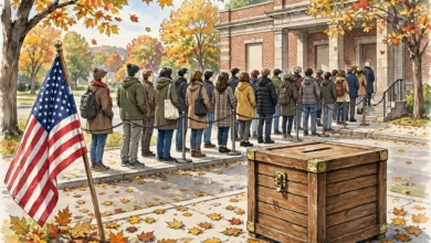 Voters queueing outside a polling place in autumn, beside an American flag and a ballot box
