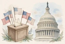 A ballot box with American flags beside the US Capitol dome, illustrating the 2026 midterm elections.