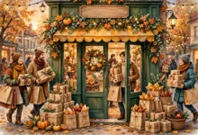 Shoppers carrying wrapped gifts and shopping bags past a brightly decorated storefront during the holiday shopping season.