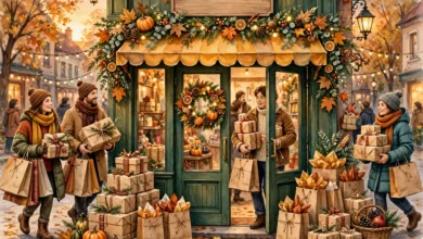 Shoppers carrying wrapped gifts and shopping bags past a brightly decorated storefront during the holiday shopping season.