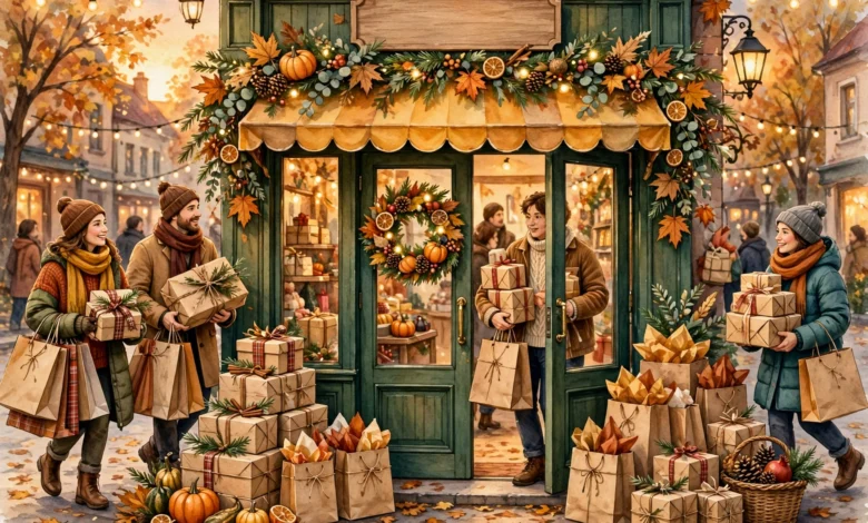 Shoppers carrying wrapped gifts and shopping bags past a brightly decorated storefront during the holiday shopping season.
