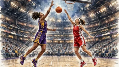Two women's basketball players contesting a shot in a packed indoor arena during a championship game