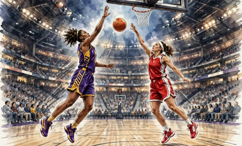 Two women's basketball players contesting a shot in a packed indoor arena during a championship game