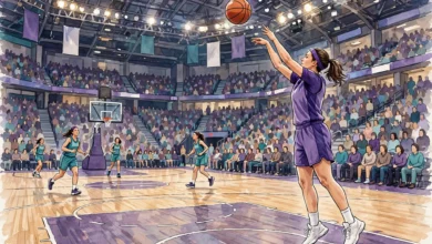 A women's basketball player shooting a three-pointer in a large arena.