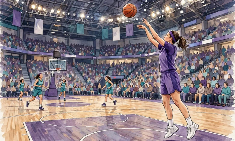 A women's basketball player shooting a three-pointer in a large arena.