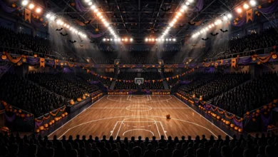 A packed basketball arena lit up before a championship game on Halloween night.